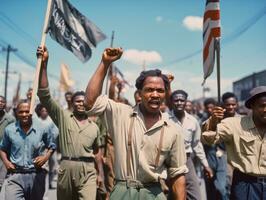 historisch farbig Foto von ein Mann führen ein Protest ai generativ