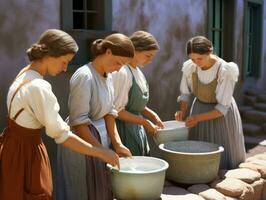 historisch farbig Foto von ein Frauen Täglich Arbeit im das Vergangenheit ai generativ