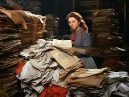 historisch farbig Foto von ein Frauen Täglich Arbeit im das Vergangenheit ai generativ