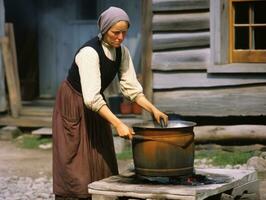 historisch farbig Foto von ein Frauen Täglich Arbeit im das Vergangenheit ai generativ