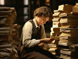 historisch farbig Foto von ein Frauen Täglich Arbeit im das Vergangenheit ai generativ