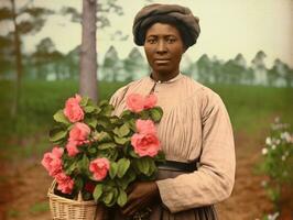 historisch farbig Foto von ein Frauen Täglich Arbeit im das Vergangenheit ai generativ