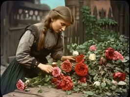 historisch farbig Foto von ein Frauen Täglich Arbeit im das Vergangenheit ai generativ