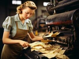 historisch farbig Foto von ein Frauen Täglich Arbeit im das Vergangenheit ai generativ