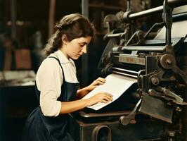 historisch farbig Foto von ein Frauen Täglich Arbeit im das Vergangenheit ai generativ