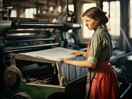 historisch farbig Foto von ein Frauen Täglich Arbeit im das Vergangenheit ai generativ