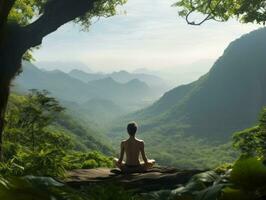 Mann meditieren im das Busen von Natur ai generativ foto