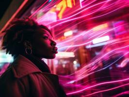 Plus Größe Frau Gehen selbstbewusst durch das beschwingt Neon- zündete Straßen ai generativ foto