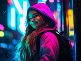 Plus Größe Frau Gehen selbstbewusst durch das beschwingt Neon- zündete Straßen ai generativ foto