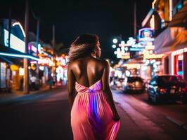 Plus Größe Frau Gehen selbstbewusst durch das beschwingt Neon- zündete Straßen ai generativ foto