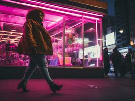 Plus Größe Frau Gehen selbstbewusst durch das beschwingt Neon- zündete Straßen ai generativ foto