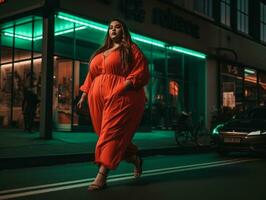 Plus Größe Frau Gehen selbstbewusst durch das beschwingt Neon- zündete Straßen ai generativ foto