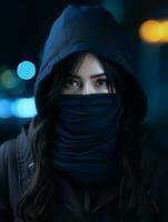 ein Frau im ein schwarz Kapuzenpullover und Gesicht Maske generativ ai foto