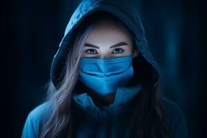 ein Frau im ein Blau Kapuzenpullover mit ein Maske auf ihr Gesicht generativ ai foto