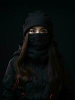 ein Frau tragen ein Gesicht Maske auf ein schwarz Hintergrund generativ ai foto