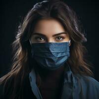 ein Frau tragen ein chirurgisch Maske auf ein dunkel Hintergrund generativ ai foto