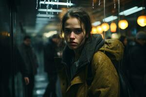 ein jung Frau Stehen im ein U-Bahn Bahnhof foto
