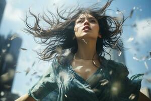 ein Frau mit ihr Haar weht im das Wind foto