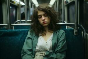 ein jung Frau ist Schlafen auf ein Zug generativ ai foto
