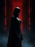 ein Frau im ein schwarz Mantel Stehen im Vorderseite von ein rot Licht generativ ai foto
