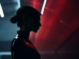 ein Frau im ein schwarz passen steht im Vorderseite von ein rot Licht generativ ai foto