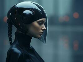 ein Frau im ein futuristisch Helm mit Zöpfe generativ ai foto