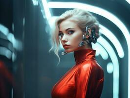 ein Frau im ein rot passen mit ein futuristisch aussehen generativ ai foto
