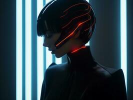 ein Frau tragen ein futuristisch Helm mit Neon- Beleuchtung generativ ai foto