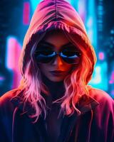 ein Frau tragen Sonnenbrille und ein Kapuzenpullover im Vorderseite von Neon- Beleuchtung generativ ai foto