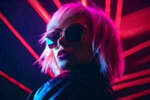 ein Frau tragen Sonnenbrille im Vorderseite von Neon- Beleuchtung generativ ai foto