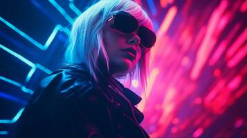 ein Frau tragen Sonnenbrille im Vorderseite von Neon- Beleuchtung generativ ai foto