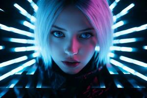 ein Frau mit Blau Augen im Vorderseite von Neon- Beleuchtung generativ ai foto