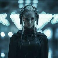 ein Frau mit Kopfhörer auf im ein dunkel Zimmer generativ ai foto