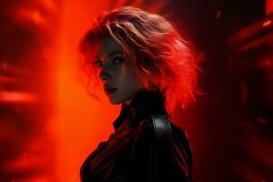 ein Frau mit rot Haar Stehen im Vorderseite von ein rot Licht generativ ai foto