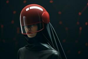 ein Bild von ein Frau tragen ein rot Helm foto