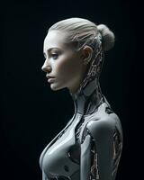 3d Rendern von ein weiblich Cyborg auf ein schwarz Hintergrund generativ ai foto