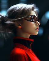 ein Frau tragen Sonnenbrille und ein rot Jacke generativ ai foto