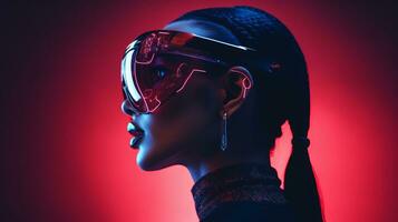 ein Frau tragen Neon- Brille im Vorderseite von ein rot Hintergrund generativ ai foto