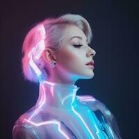 ein Frau mit Neon- Beleuchtung auf ihr Gesicht foto