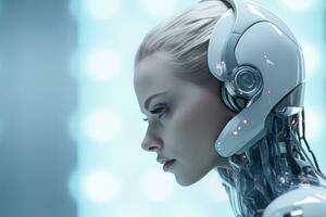 ein Bild von ein Frau im ein futuristisch Roboter passen generativ ai foto