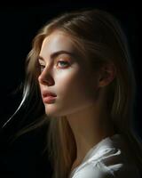 Porträt von schön jung Frau mit Blau Augen auf schwarz Hintergrund generativ ai foto