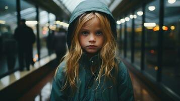 ein wenig Mädchen im ein Grün Jacke Stehen im ein Flughafen generativ ai foto