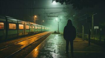 ein Person Stehen im Vorderseite von ein Zug beim Nacht generativ ai foto
