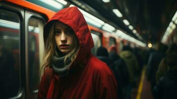 ein Frau im ein rot mit Kapuze Jacke Stehen auf ein U-Bahn Zug generativ ai foto