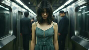 ein Frau ist Stehen im ein U-Bahn mit andere Menschen im das Hintergrund generativ ai foto