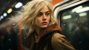 ein Frau mit blond Haar auf ein U-Bahn Zug generativ ai foto