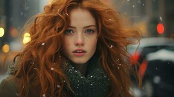 ein Frau mit rot Haar im das Schnee generativ ai foto