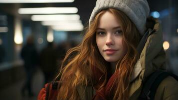 ein Frau mit rot Haar und ein Mütze ist Stehen im ein Flughafen generativ ai foto