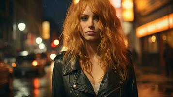 ein Frau mit rot Haar Stehen auf ein Stadt Straße beim Nacht generativ ai foto