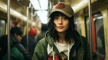 ein asiatisch Frau tragen ein Baseball Deckel auf ein U-Bahn Zug generativ ai foto